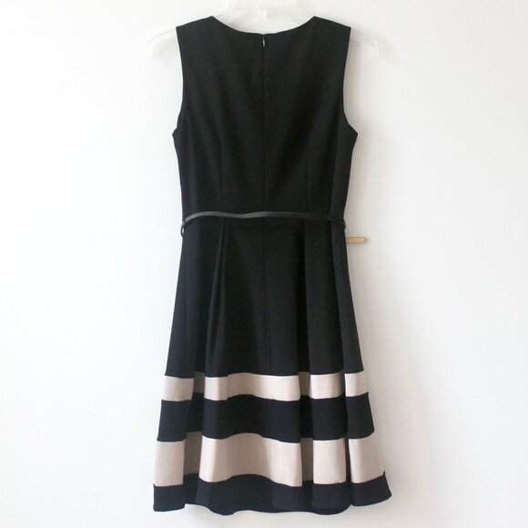 AB Studio Black and Tan Stripe Classy Sleeveless Knee-Length A-Line Belt Dress 2 - Picture 6 of 7